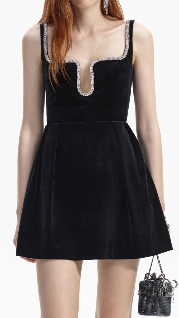 AIIZIE BLACK VELVET SKATER MINI DRESS - product image