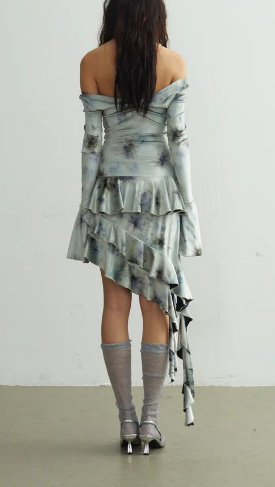 TIE DYE ASYMMETRIC FRINGE FLORAL MIDI DRESS