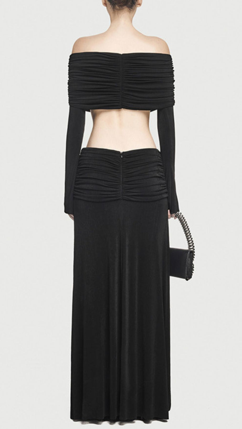 Jamuna Elegant Ruched Two-Piece Maxi Skirt Set - Off-Shoulder Crop Top