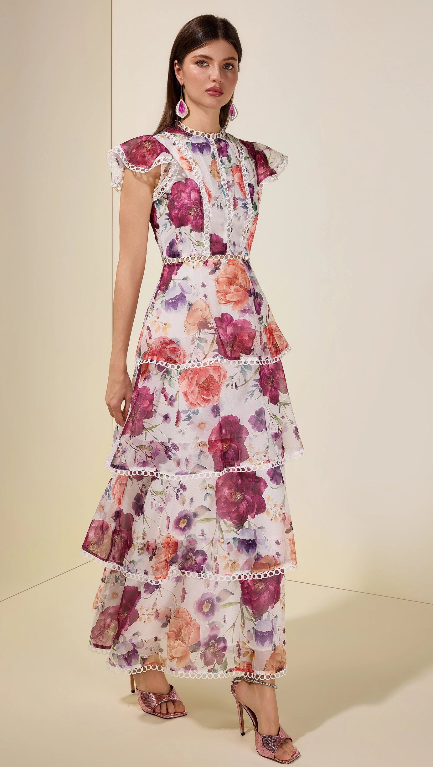 zenobia Floral Lace Ruffle Maxi Dress - white