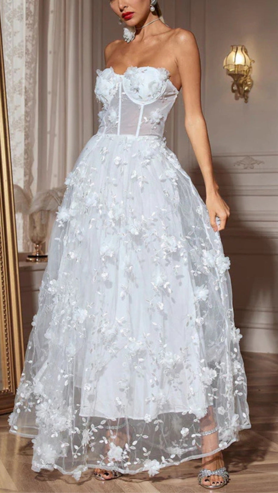 FILITSA STRAPLESS FLOWER MESH SPLIT MAXI DRESS