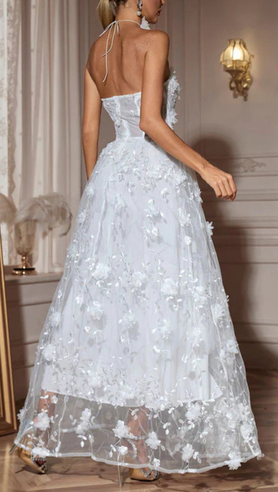 FILITSA STRAPLESS FLOWER MESH SPLIT MAXI DRESS