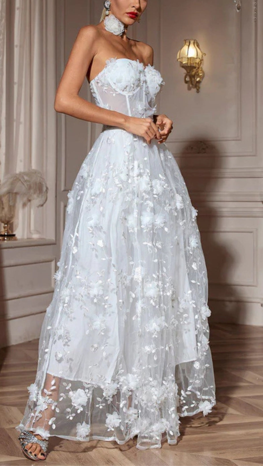 FILITSA STRAPLESS FLOWER MESH SPLIT MAXI DRESS