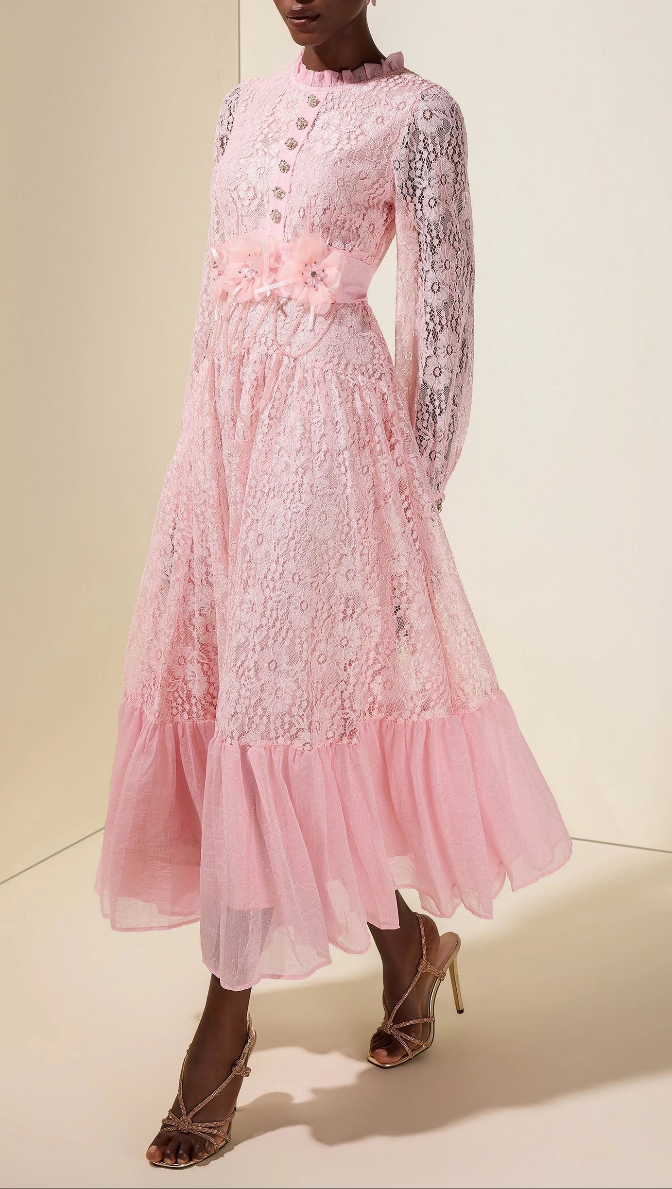 virginia Lace 3D Flower Rhinestone Rivets Midi Dress - pink