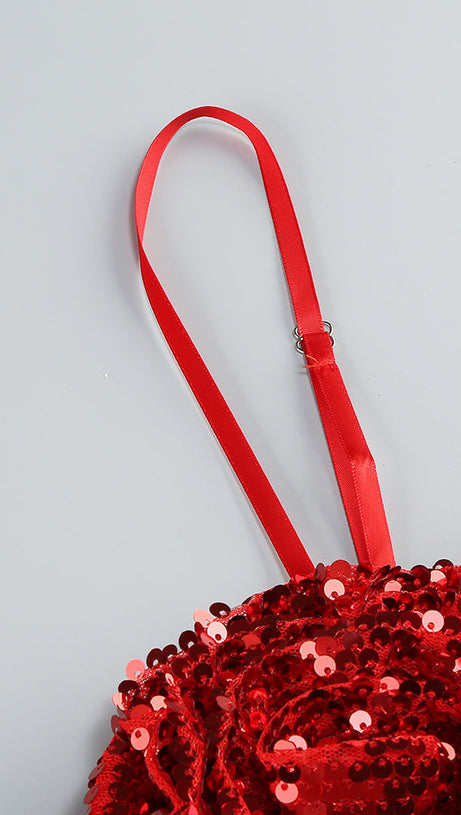 BERNICE DARK RED SEQUIN CORSAGE BANDEAU MINI DRESS