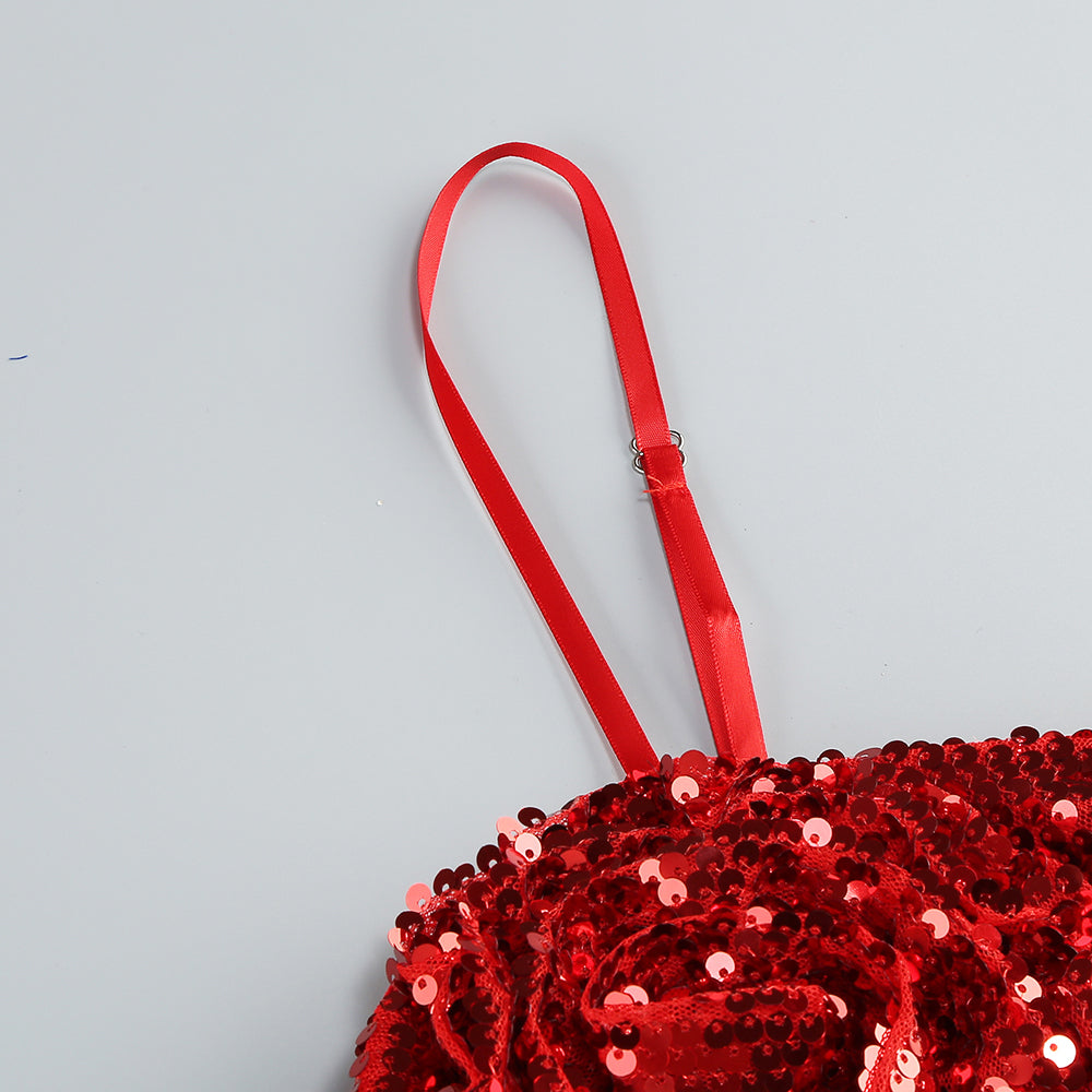 AIIZIE BERNICE DARK RED SEQUIN CORSAGE BANDEAU MINI DRESS - product image