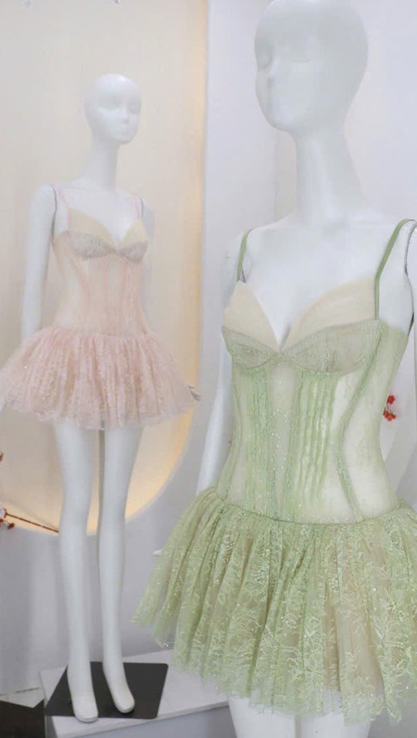AIIZIE DOROTHY LACE CROCHET MINI DRESS IN GREEN - product image