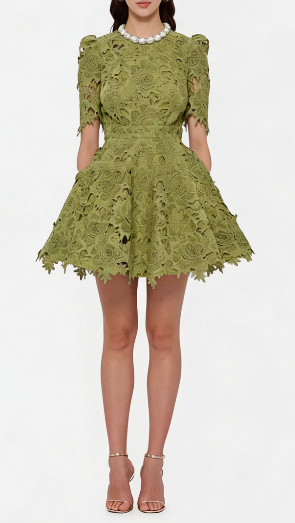 sylvia green Beaded hollow crochet mini dress