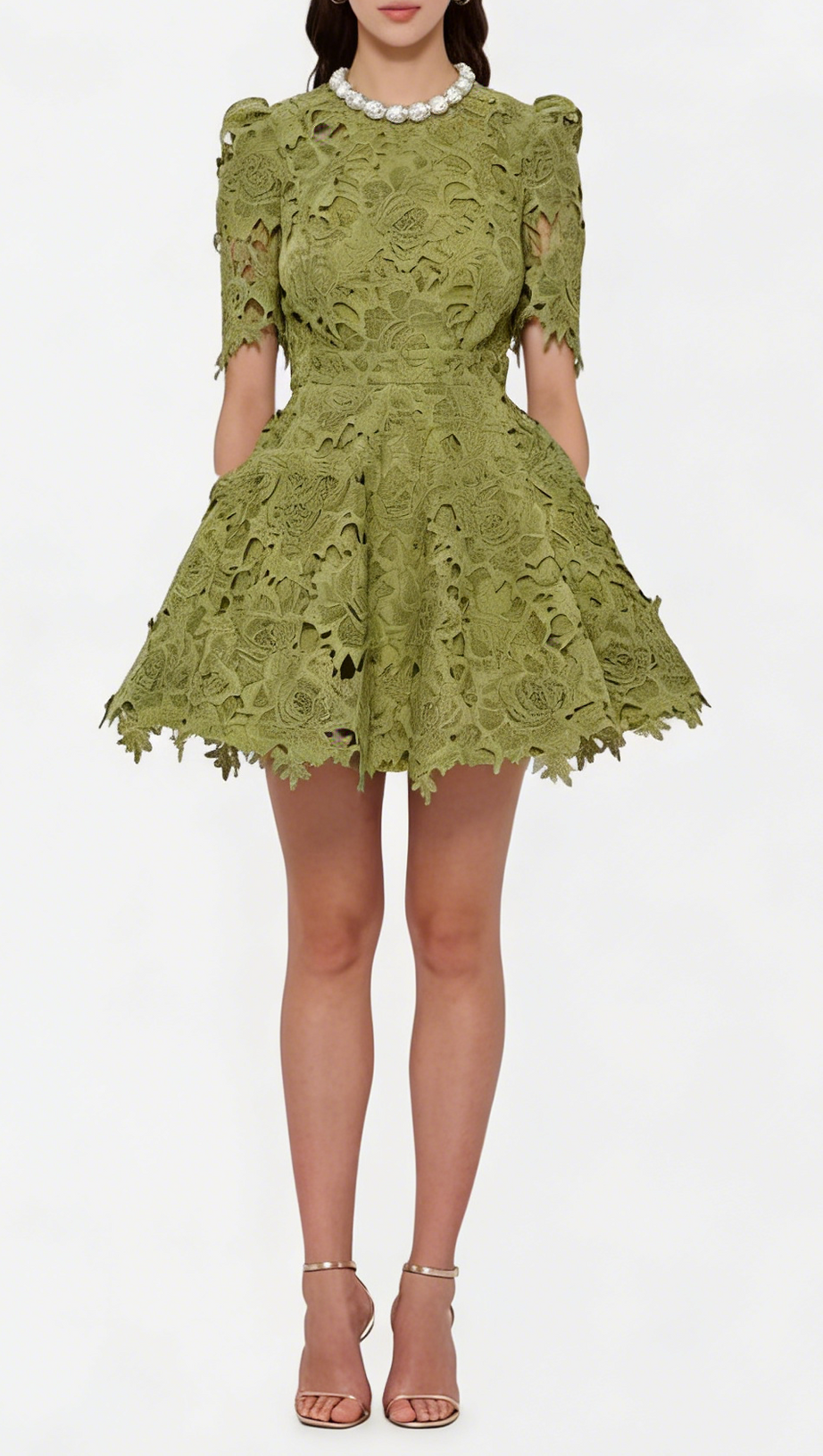 sylvia green Beaded hollow crochet mini dress