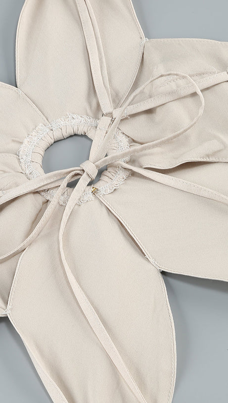 ALMA FLOWER DETAIL CUT OUT MIDI DRESS IN APRICOT