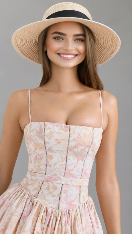 MINI ABITO IN COTONE ELASTICIZZATO CON FIORI PESCA