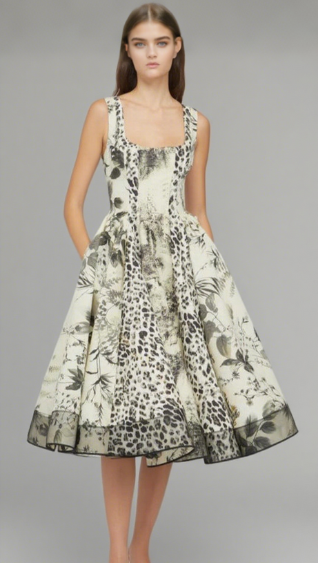 ABITO MIDI PLISSETTATO CON STAMPA LEOPARDATA MAGGIE