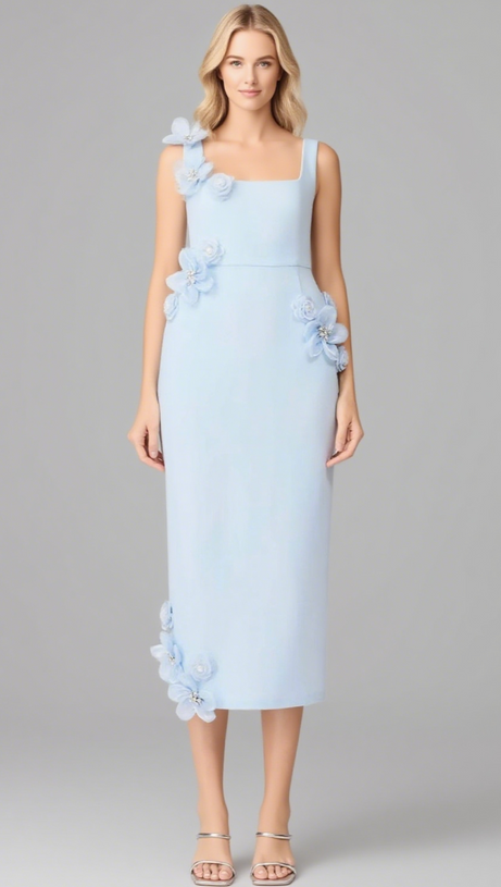 SABRINA 3D FLOWER MIDI DRESS IN BLUE