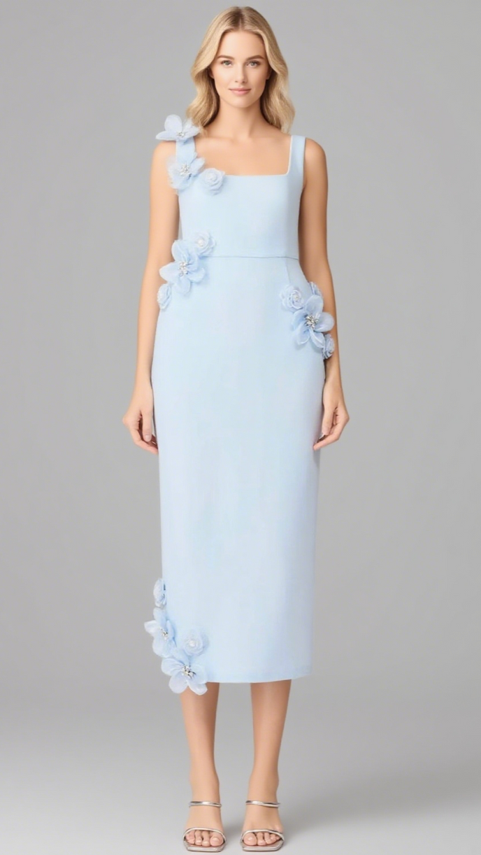SABRINA 3D FLOWER MIDI DRESS IN BLUE