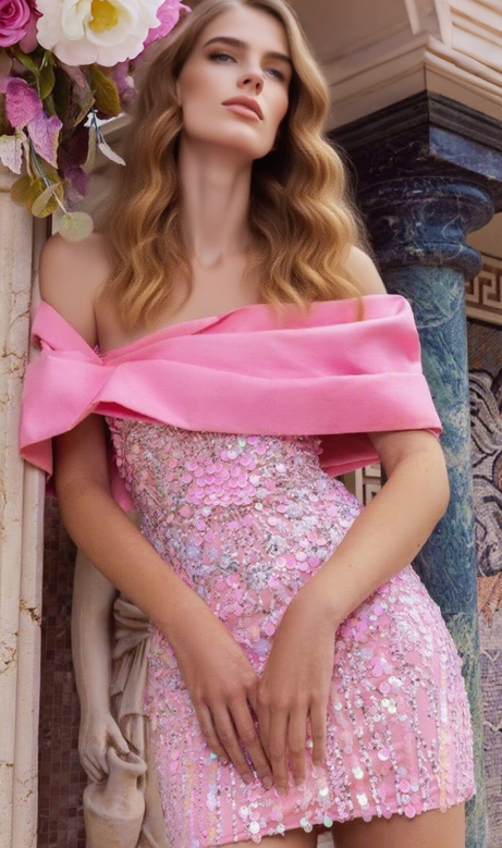EMBELLISHED SEQUIN MINI DRESS IN CANDY PINK