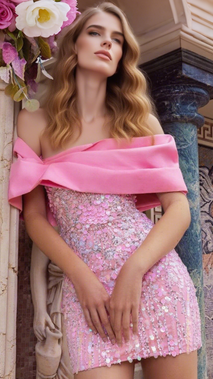 EMBELLISHED SEQUIN MINI DRESS IN CANDY PINK