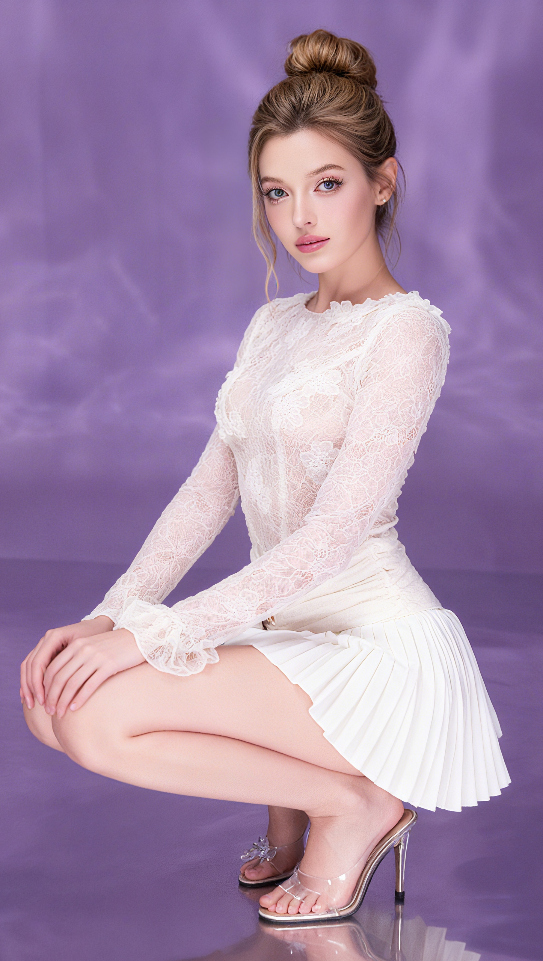 AIIZIE EUDORA LACE EMBROIDERY RUCHED TRIM MINI DRESS IN WHITE - product image