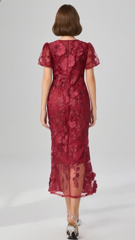 FLOWER MESH MAXI DRESS IN RED