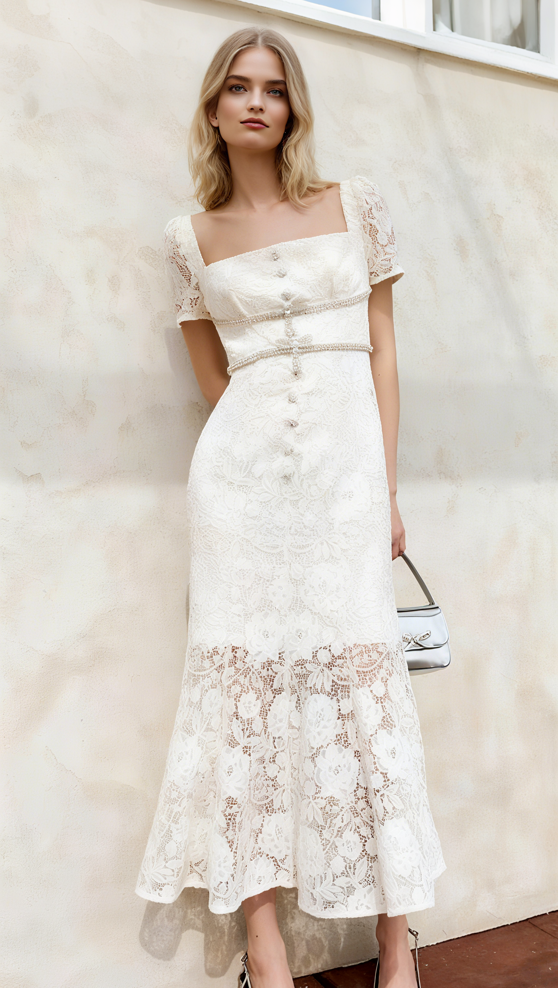EMBROIDERED LACE MIDI DRESS IN CREAM