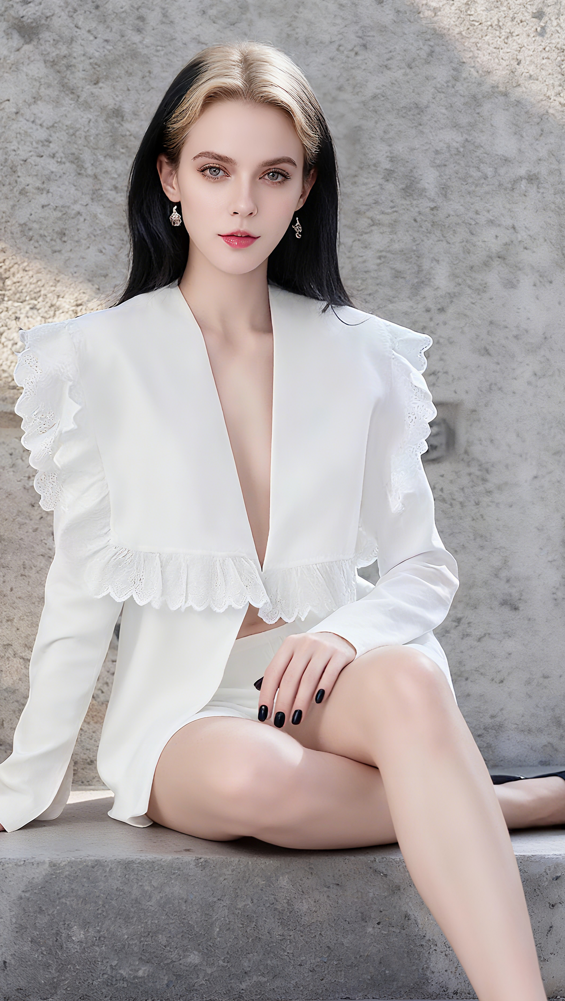 WHITE LONG SLEEVE V-NECK BLAZER TWO PIECE SET