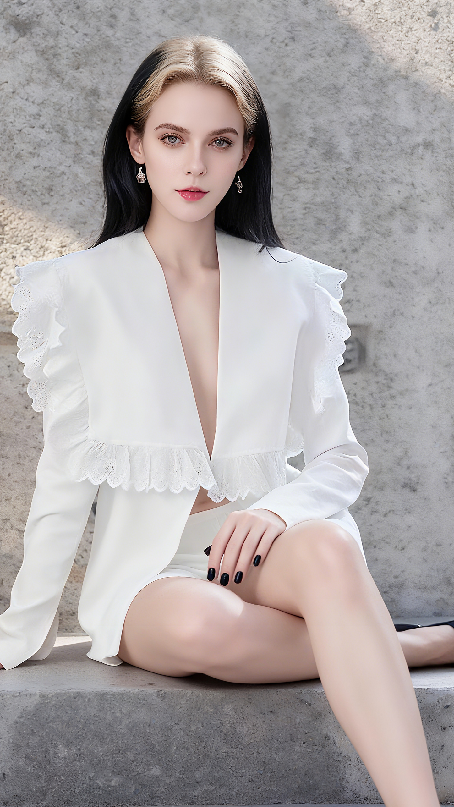 AIIZIE WHITE LONG SLEEVE V-NECK BLAZER TWO PIECE SET - product image