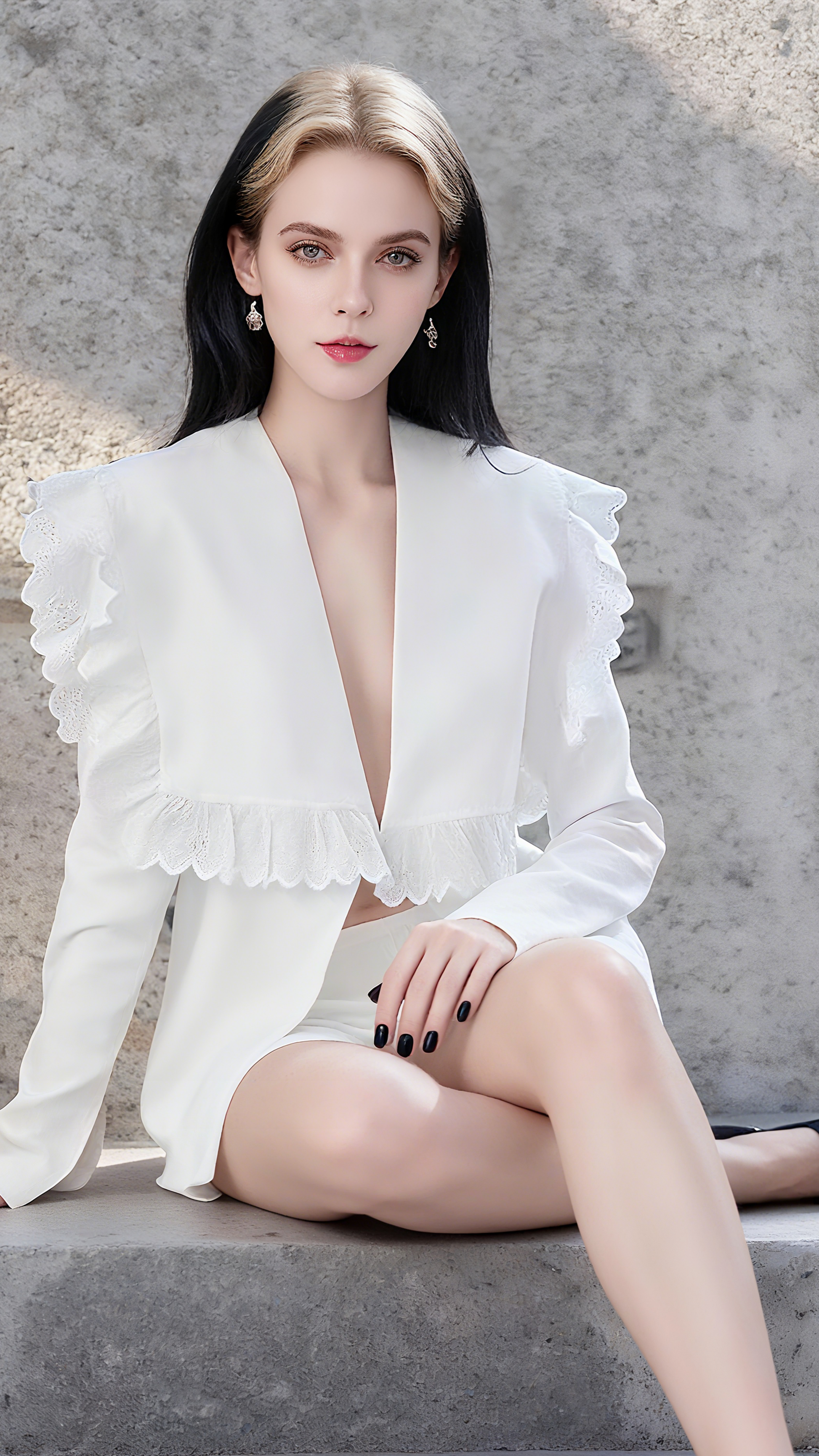 AIIZIE WHITE LONG SLEEVE V-NECK BLAZER TWO PIECE SET - product image