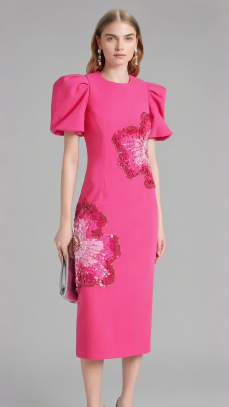 SEQUIN FLOWER EMBELLISHED PUFF SLEEVE MIDI DRESS IN PINK