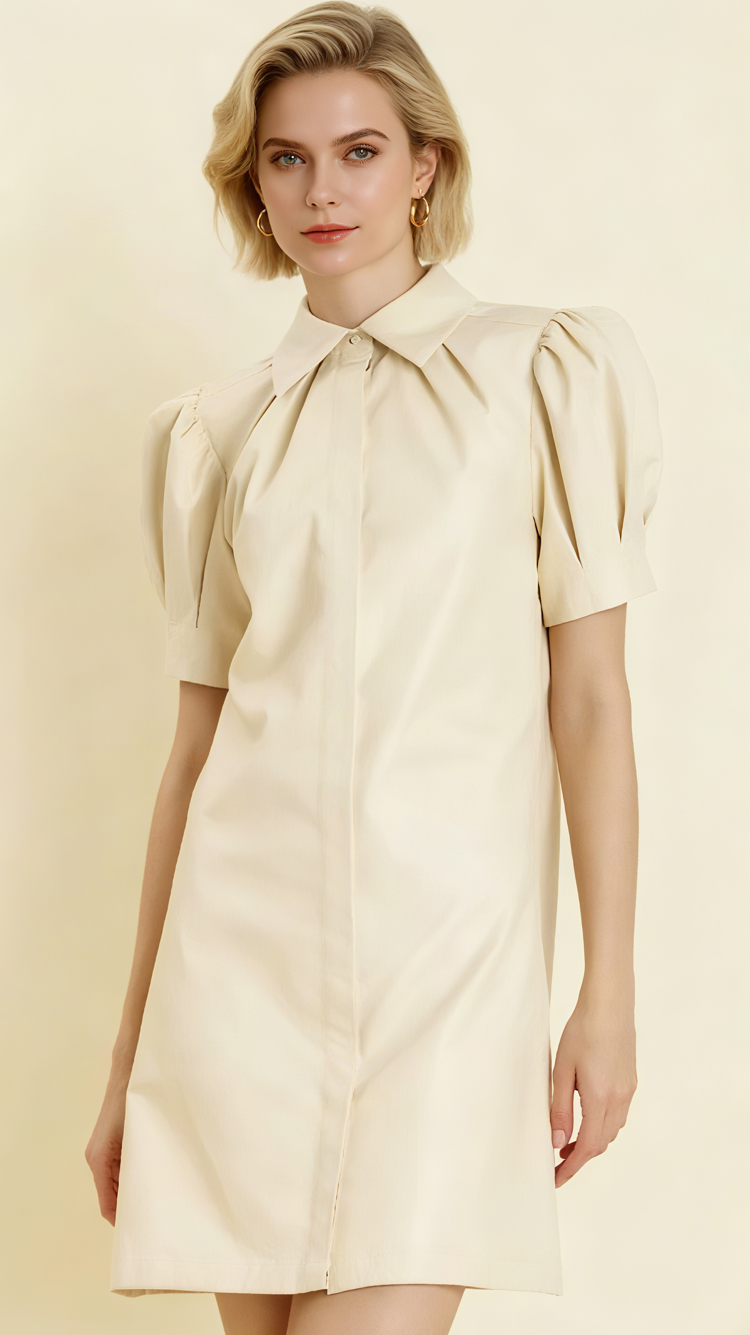 WHITE LAPEL COLLAR LEATHER PUFF SLEEVES MINI DRESS