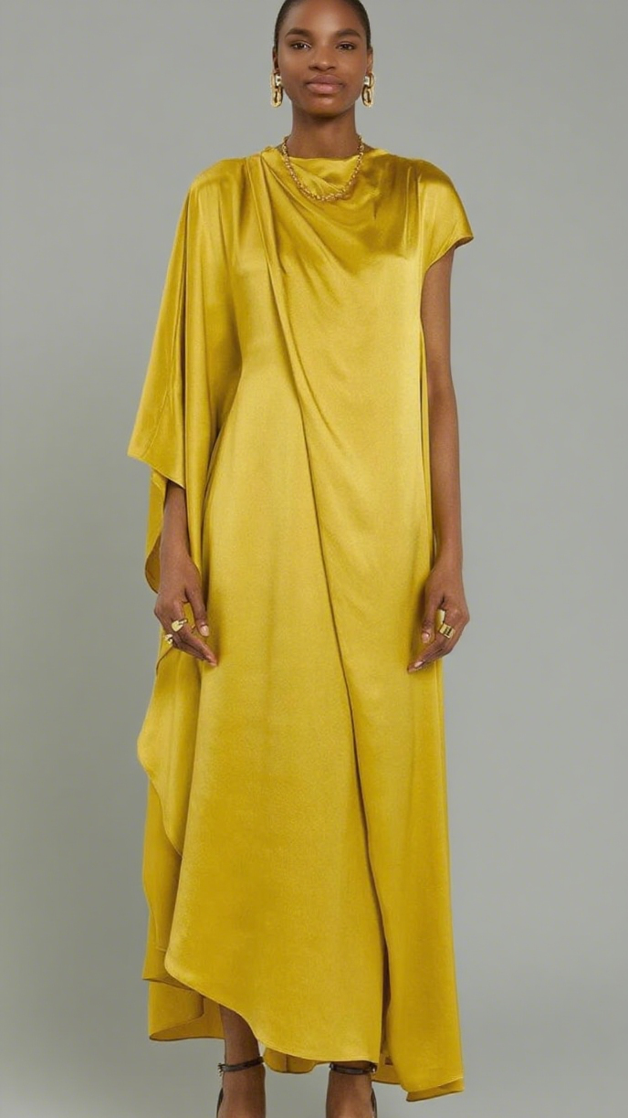 YELLOW DRAPED SILK MAXI DRESS