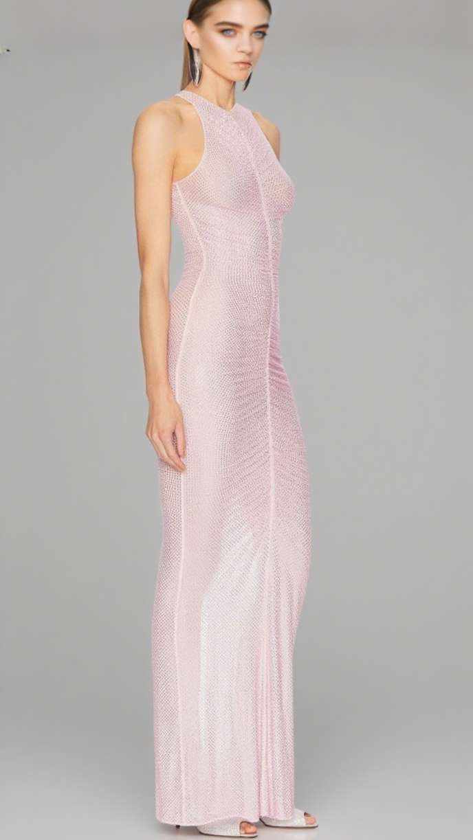 HOLLOW MESH RHINESTONE SLEEVELESS MAXI DRESS IN PINK