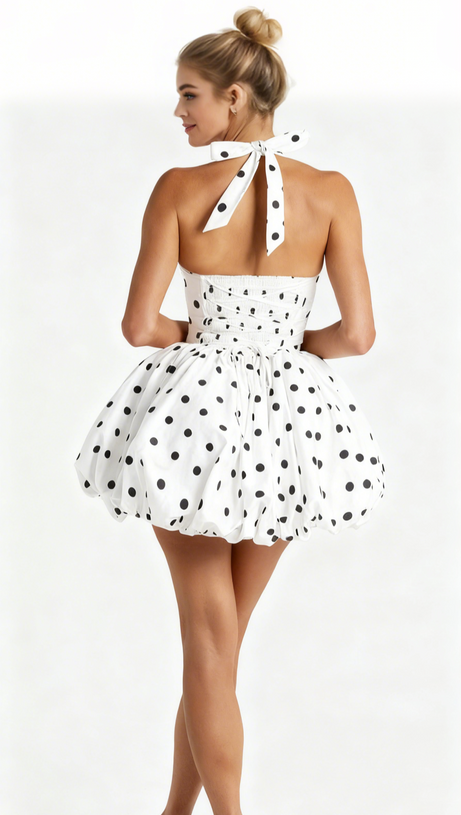 MARICIA MINI DRESS - BLACK POLKA DOT PRINT
