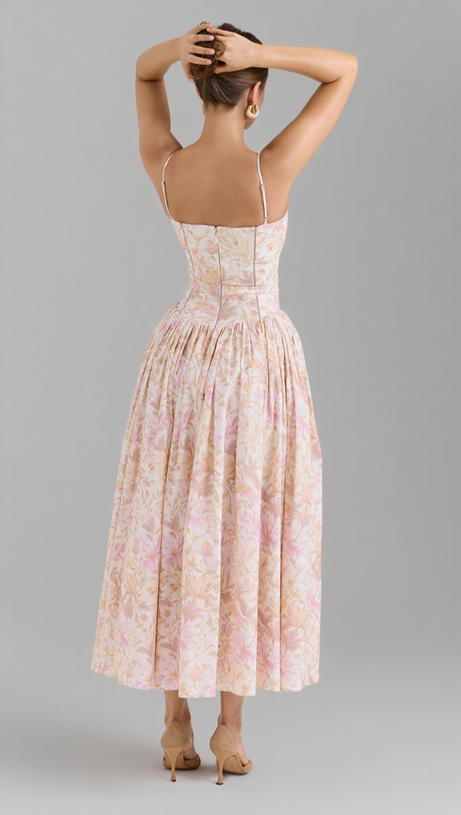 PEACH FLORAL STRETCH COTTON MIDI DRESS