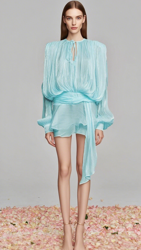 HERMOSA BALLOON SLEEVE RUCH RUFFLE MINI DRESS IN BABY BLUE