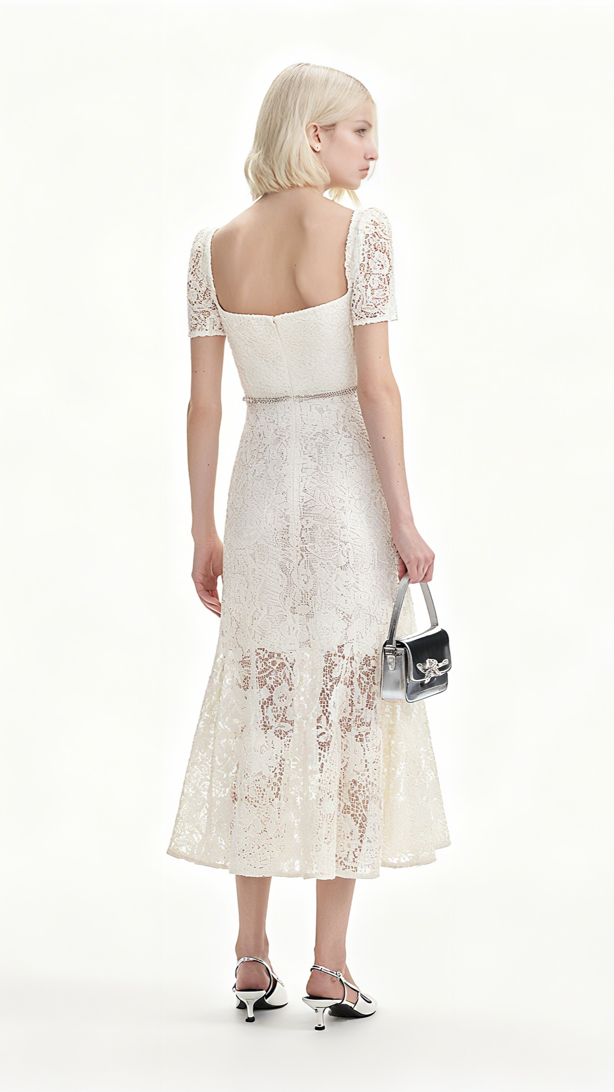 EMBROIDERED LACE MIDI DRESS IN CREAM