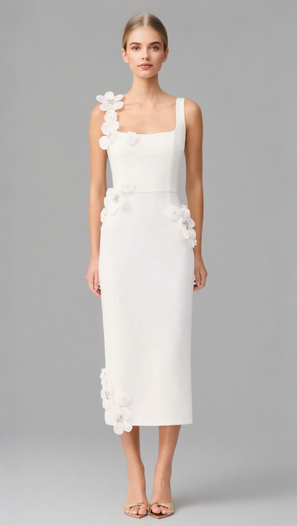 AIIZIE SABRINA 3D FLOWER MIDI DRESS IN WHITE - product image