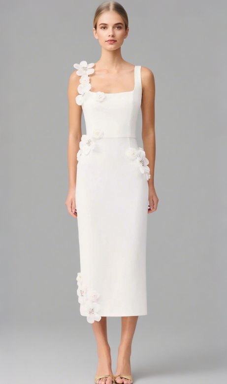 sabrina 3d flower Midi Dress in white