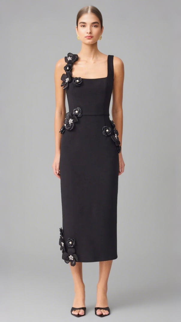 AIIZIE SABRINA 3D FLOWER MIDI DRESS IN BLACK - product image