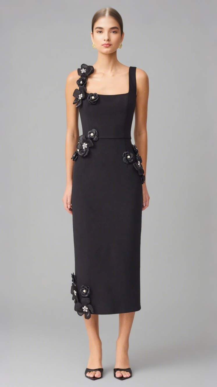 SABRINA 3D FLOWER MIDI DRESS IN BLACK