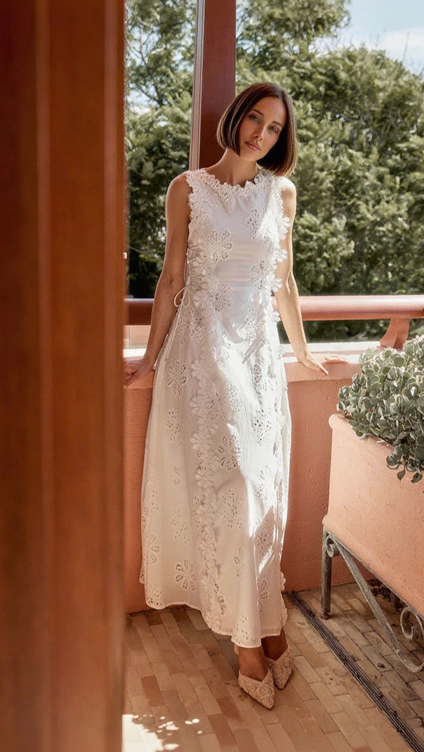AIIZIE LACE TRIM EMBROIDERY HOLLOW MIDI DRESS IN WHITE - product image