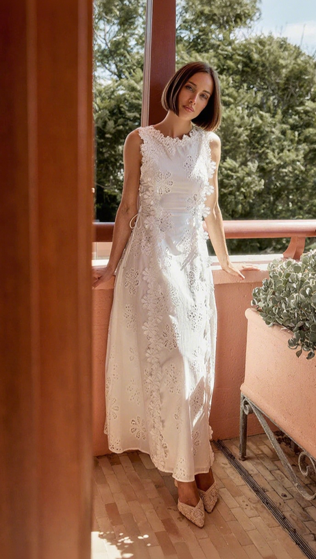 LACE TRIM EMBROIDERY HOLLOW MIDI DRESS IN WHITE