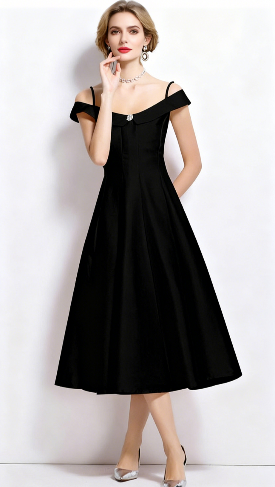 MEROY OFF-SHOULDER SATIN PLEATED MIDI DRESS IN BLACK