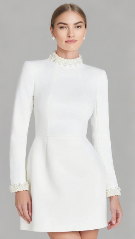 BEADED CUFFS LONG SLEEVE MINI DRESS IN WHITE