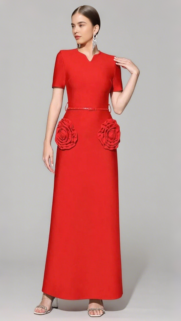 AIIZIE 3D FLOWER EMBELLISHED SLIM MAXI DRESS IN RED - product image