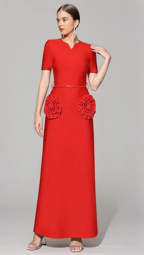 3D FLOWER EMBELLISHED SLIM MAXI DRESS IN RED