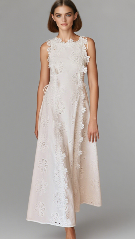 LACE TRIM EMBROIDERY HOLLOW MIDI DRESS IN WHITE
