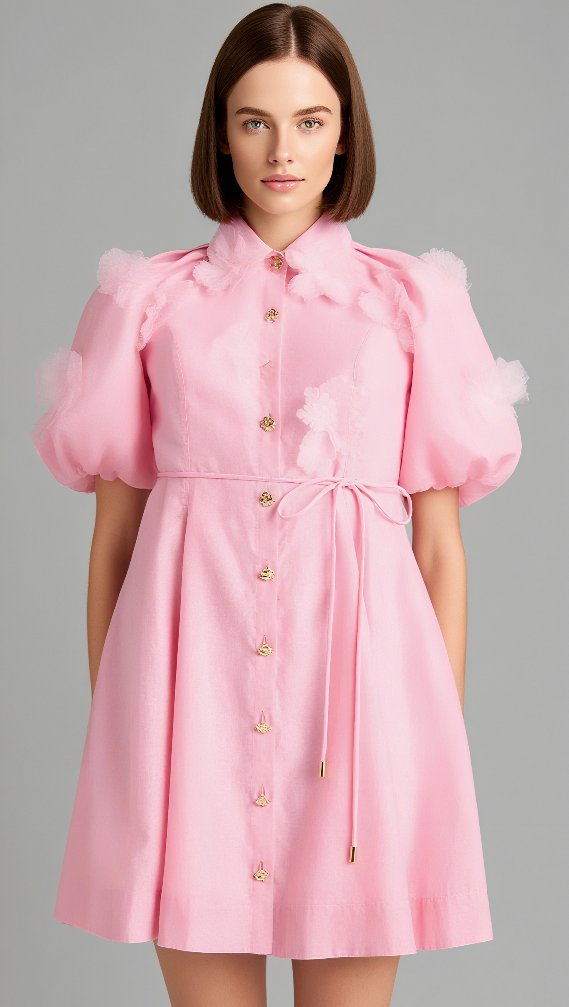 ELVIRA 3D-PETAL BELTED MINI SHIRT DRESS IN PINK