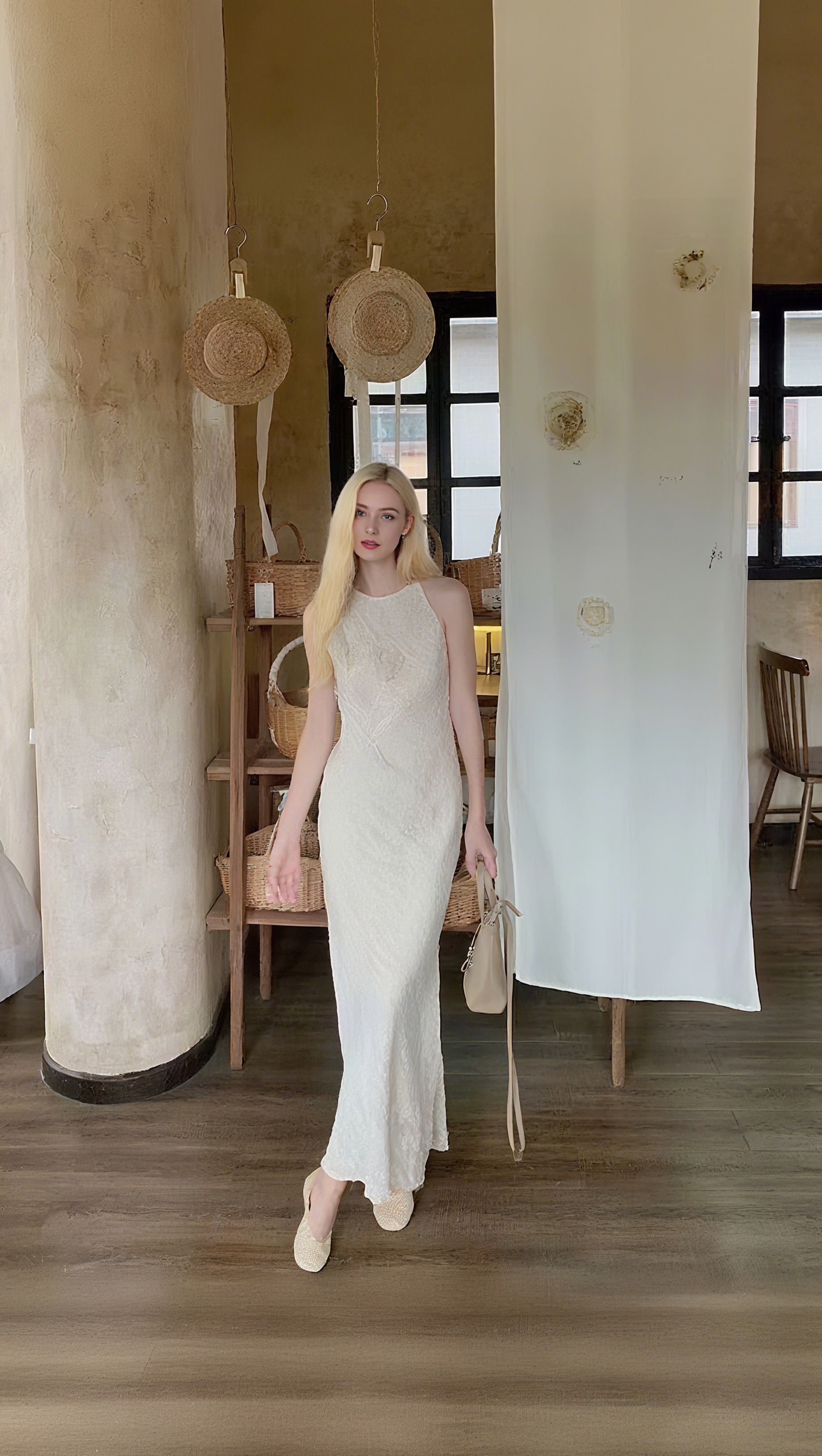 TRACY FLORAL APPLIQUE SLEEVELESS MIDI DRESS IN BEIGE