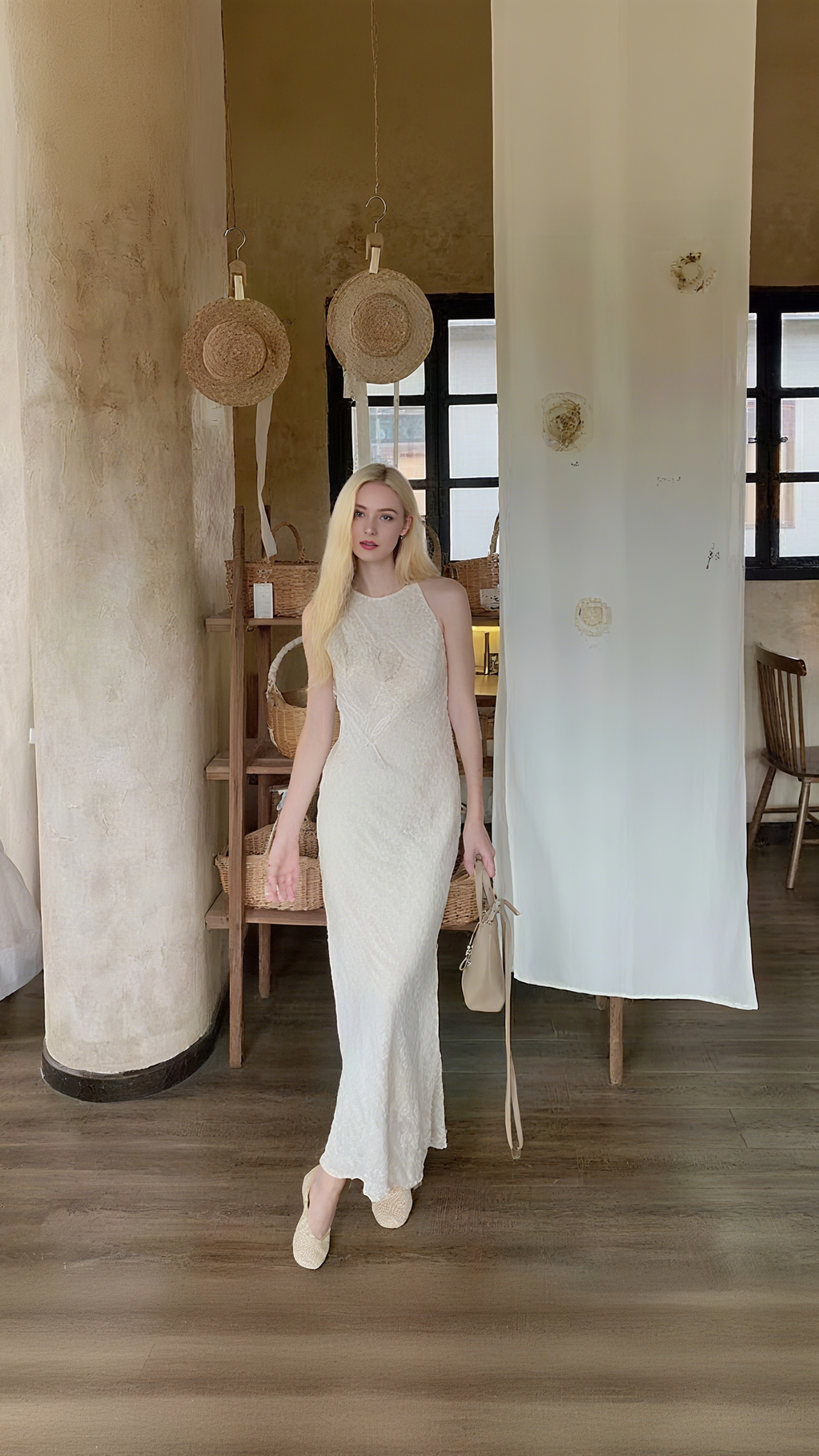 TRACY FLORAL APPLIQUE SLEEVELESS MIDI DRESS IN BEIGE