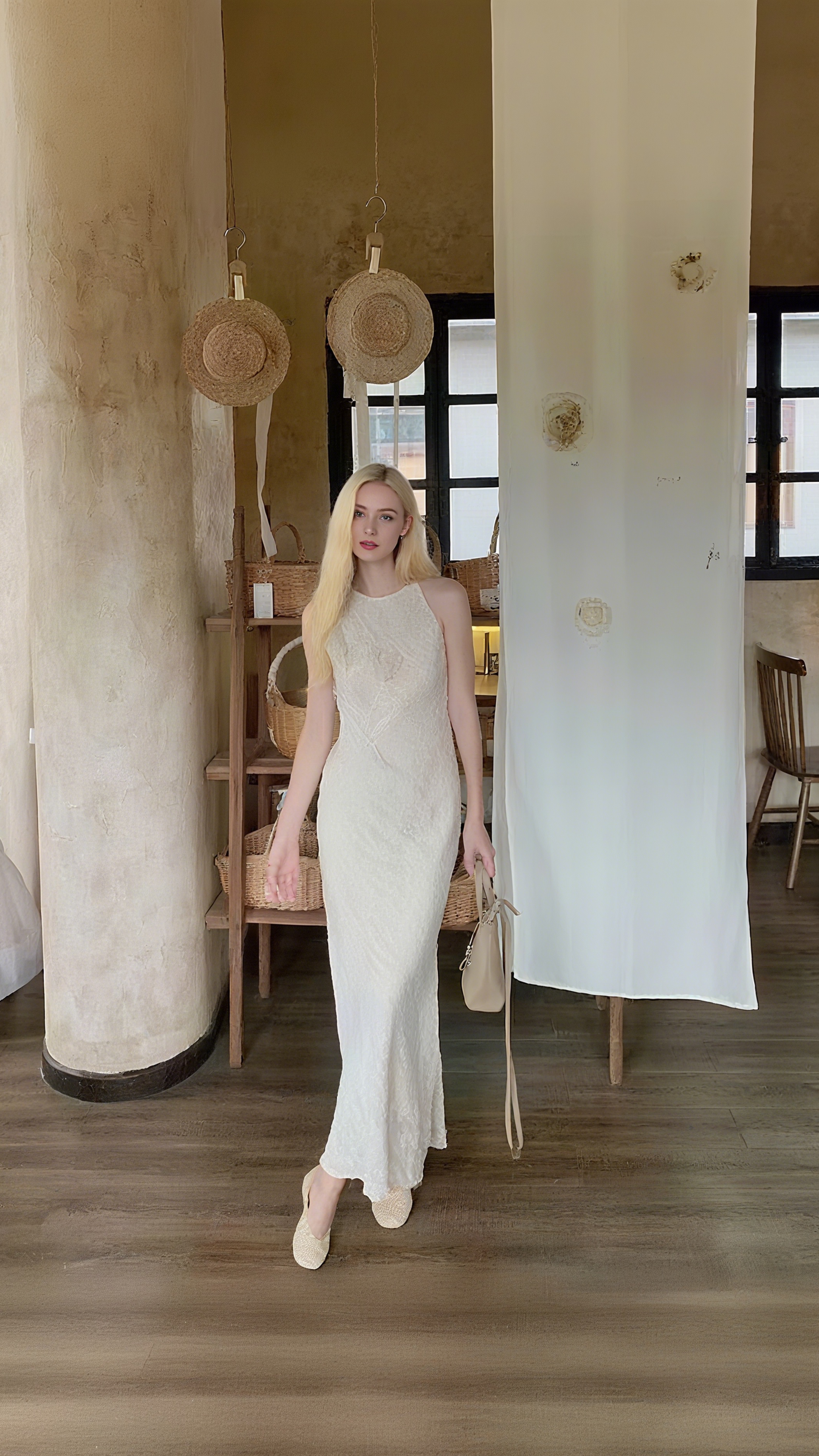 TRACY – Ärmelloses Midikleid mit Blumenapplikation in Beige