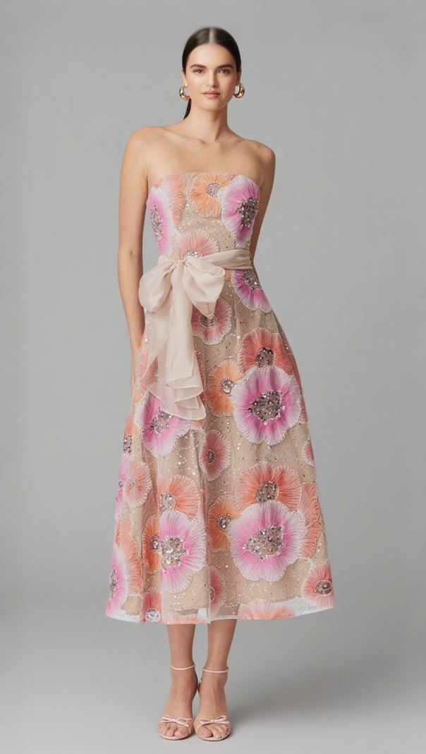 AIIZIE STRAPLESS FLOWER SEQUIN EMBELLISHED MIDI DRESS - product image